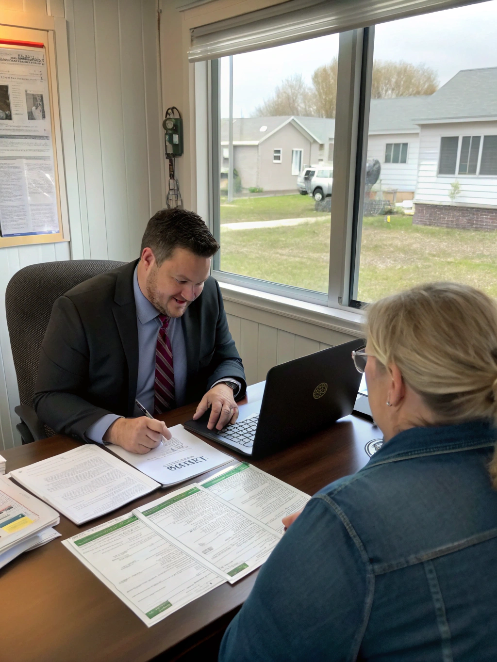 Mortgage loan officer reviewing settlement sheet with Oregon homebuyers