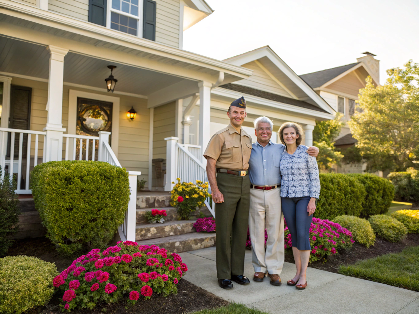 Oregon military veteran homeowner in front of Pacific Northwest home